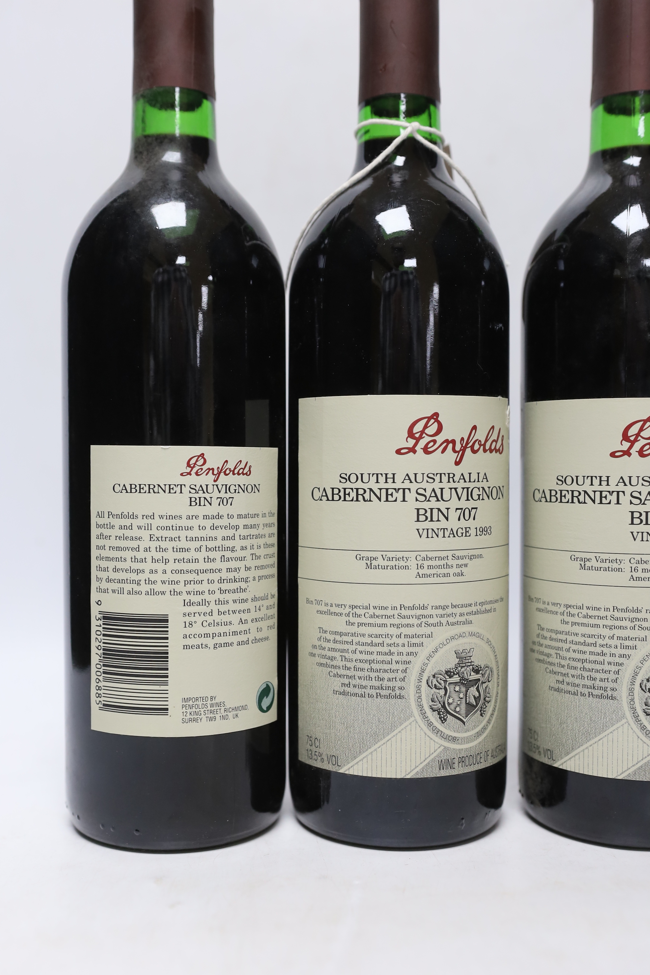 Three bottles of Penfolds Cabernet Sauvignon bin 707 1993